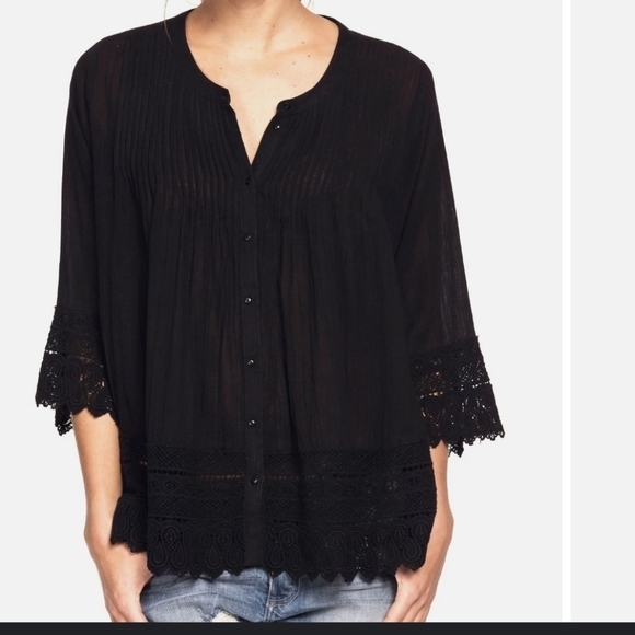 Ellos Women's Crochet Trim Pin tucking 3/4 Sleeve Button Front Round Neck 1X - Picture 1 of 13